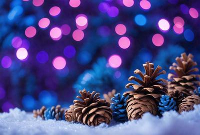 The primary subject of the image is a group of pine cones, which are the main objects in the scene. The setting is a snowy environment, with a purple background that adds a unique and festive atmosphere to the scene. The visual style of the image is a combination of photo and digital art, creating a realistic yet artistic representation of the pine cones in the snow. The colors and mood of the image are predominantly purple and blue, giving the scene a cool and serene vibe.